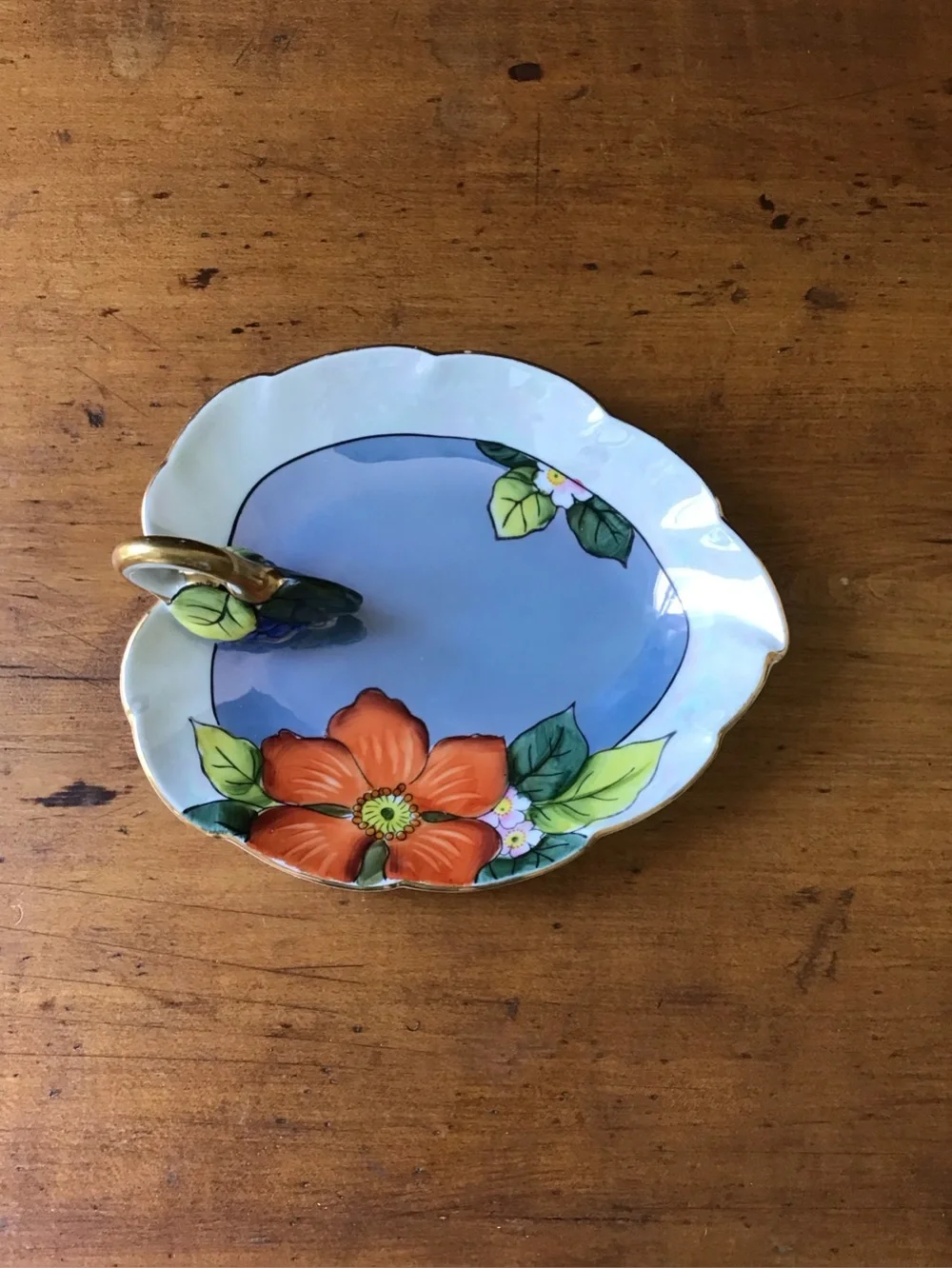 Vintage Noritake Japan Lusterware Leaf Dish Orange Poppy Floral Hand Painted 7